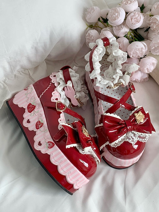 Wine Red Sweet Lolita Mary Janes - Platform Design with Strawberry Decor, Lace Trim & Romantic Clasp