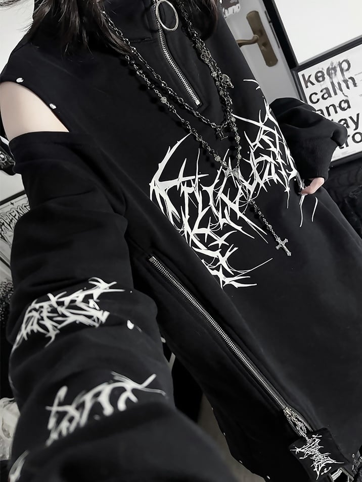 Black&Red Emo Punk Cutout Shoulder Design Sweatshirt