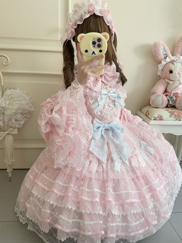 Pink Flower Applique Heart Bodice Overlay Hem Princess Lolita Jumper Skirt