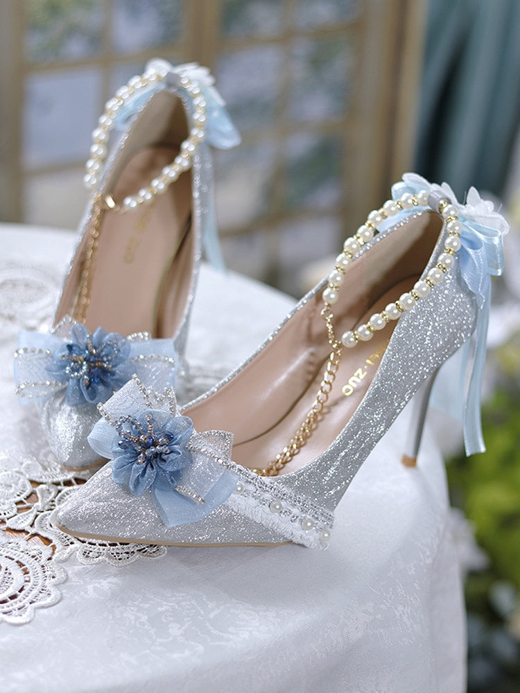 Dark Blue & Silver Glittering Floral Bownknot Detachable Beaded Chain Hime Lolita High Heels