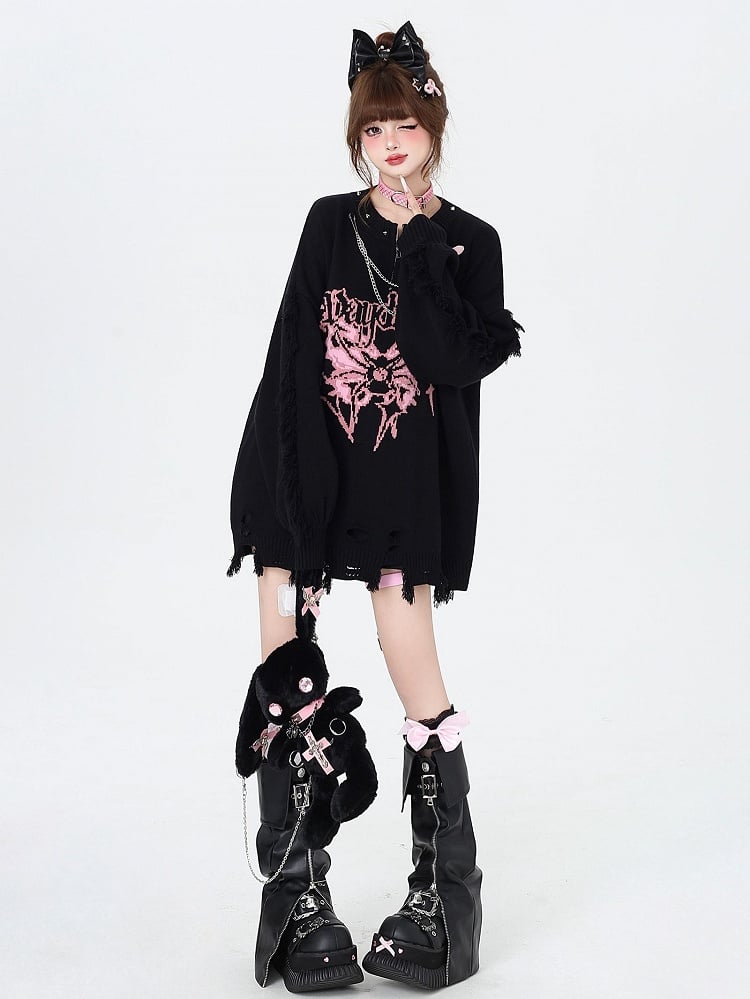 Black Gothic Distressed Holes Butterfly Sweater with Studs and Chains