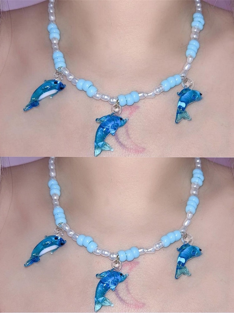 Blue Y2K Dolphin Pendant Beaded Necklace