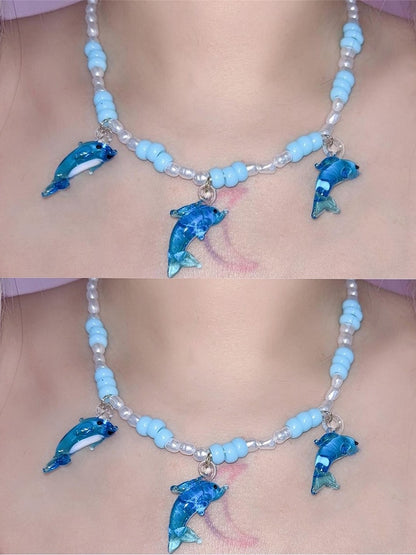 Blue Y2K Dolphin Pendant Beaded Necklace