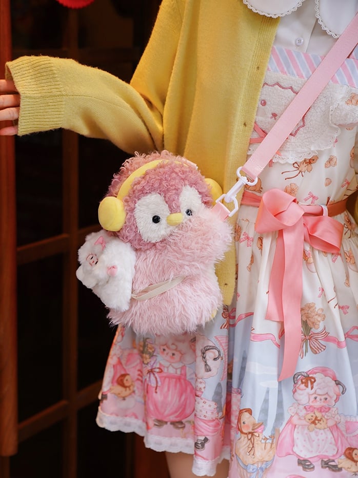 Pink Cute Penguin Plush Backpack/Crossbody Bag + 2 Options Keychain Middle/Large Size