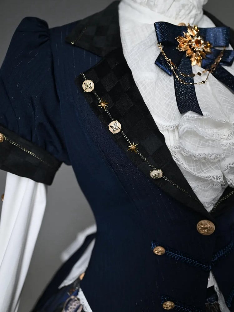 Dark Blue Blazer Collar Short Puff Sleeves Split-Tail Top