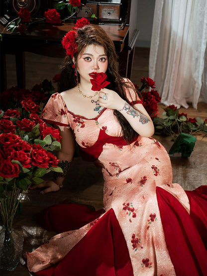 Plus Size Mesh Patchwork Hem Red Rosette Print Dress Mermaid Skirt