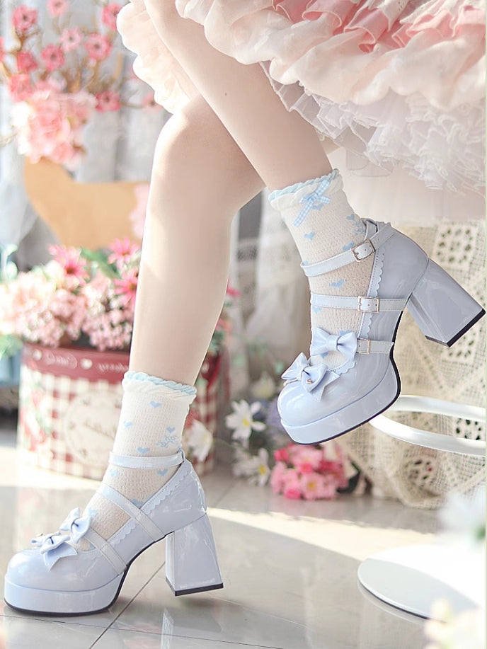 Bow Accents Blue High Block Heel Shoes