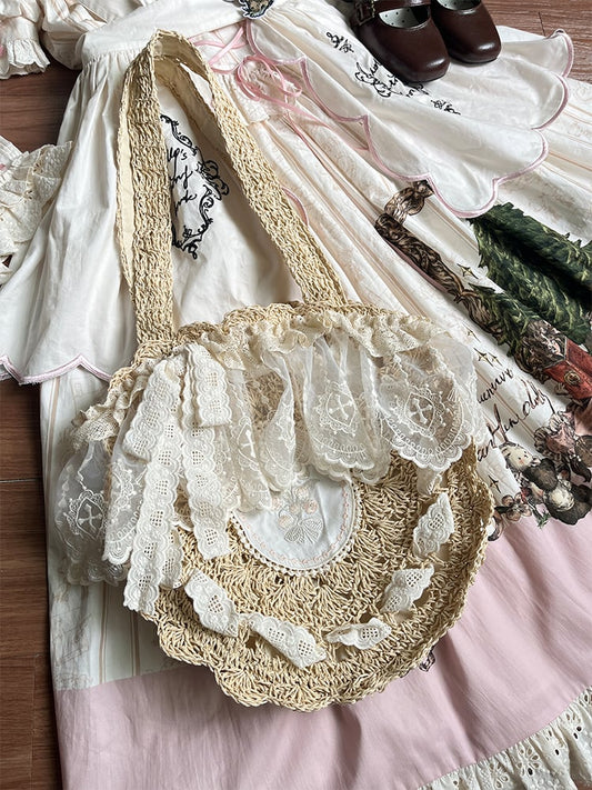 Floral Embroidery Detail Straw Hand Bag