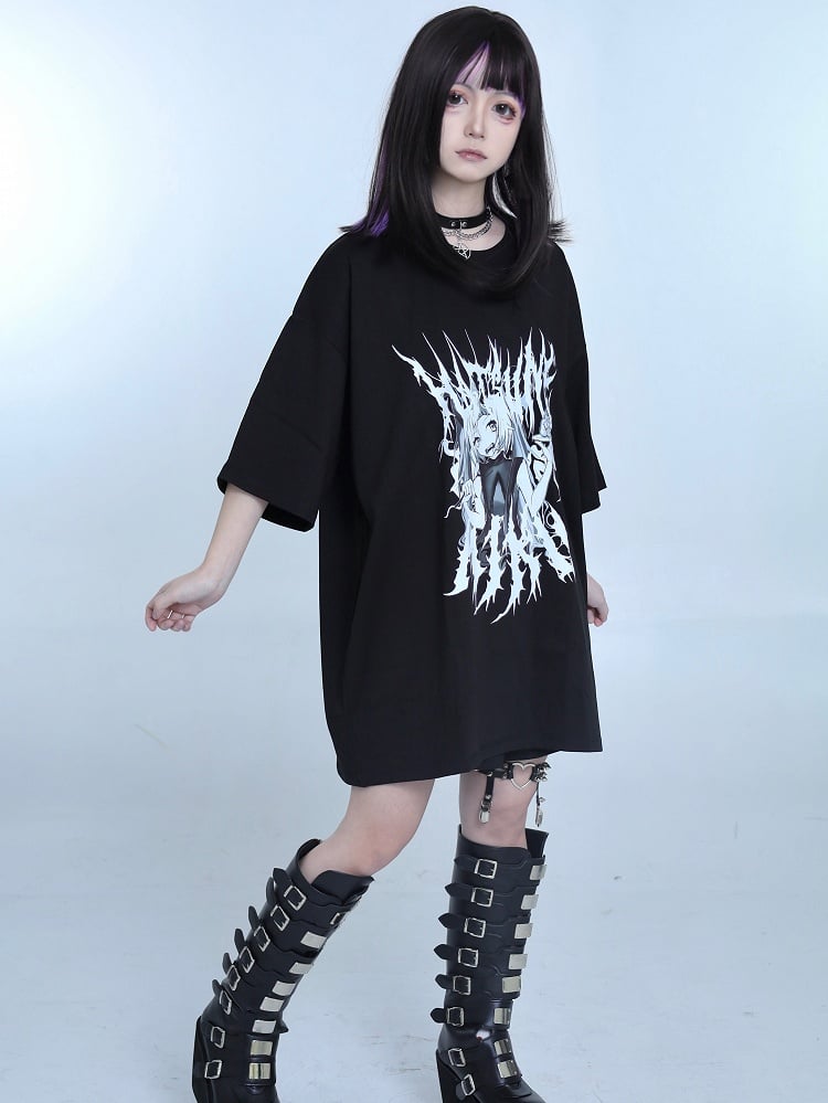 Black Jirai Kei Cartoon Girl Print Round Neck T-shirt