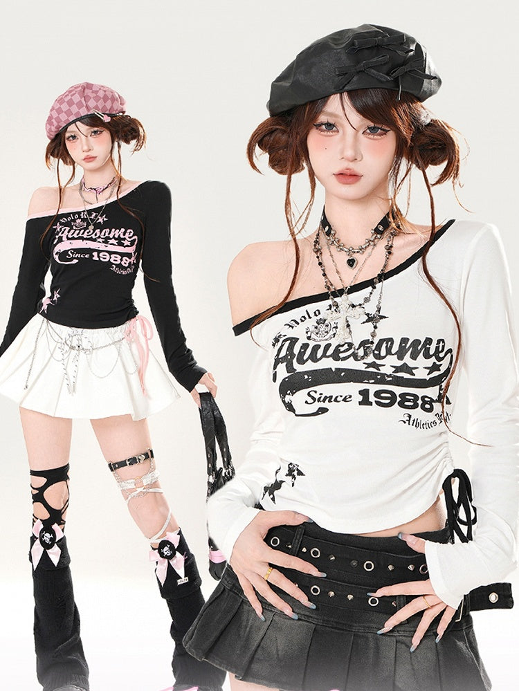 Black/White Asymmetrical Neckline Drawstring Waist Graphic Top