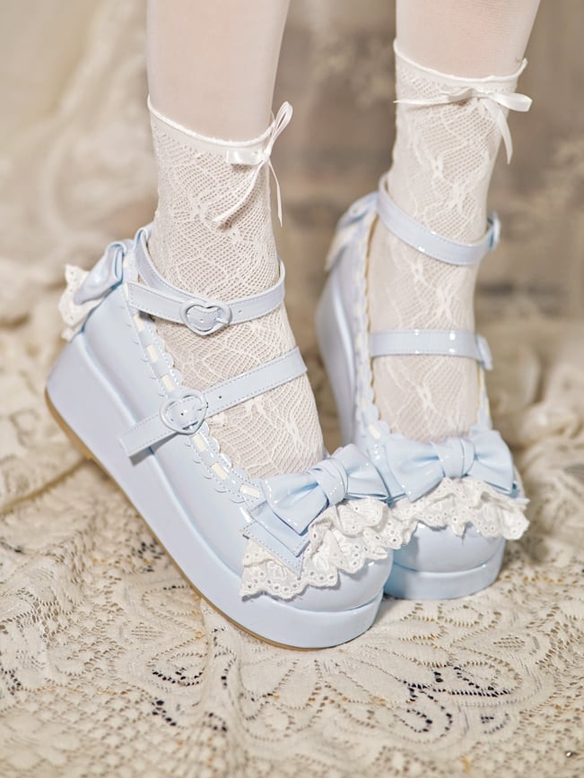 Baby Blue Bow at Top Lace Trim Heart Buckles Platforms