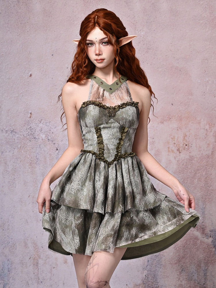 Halter Neck Light Green Basque Waist Forest Fairy Tie-dyed Dress