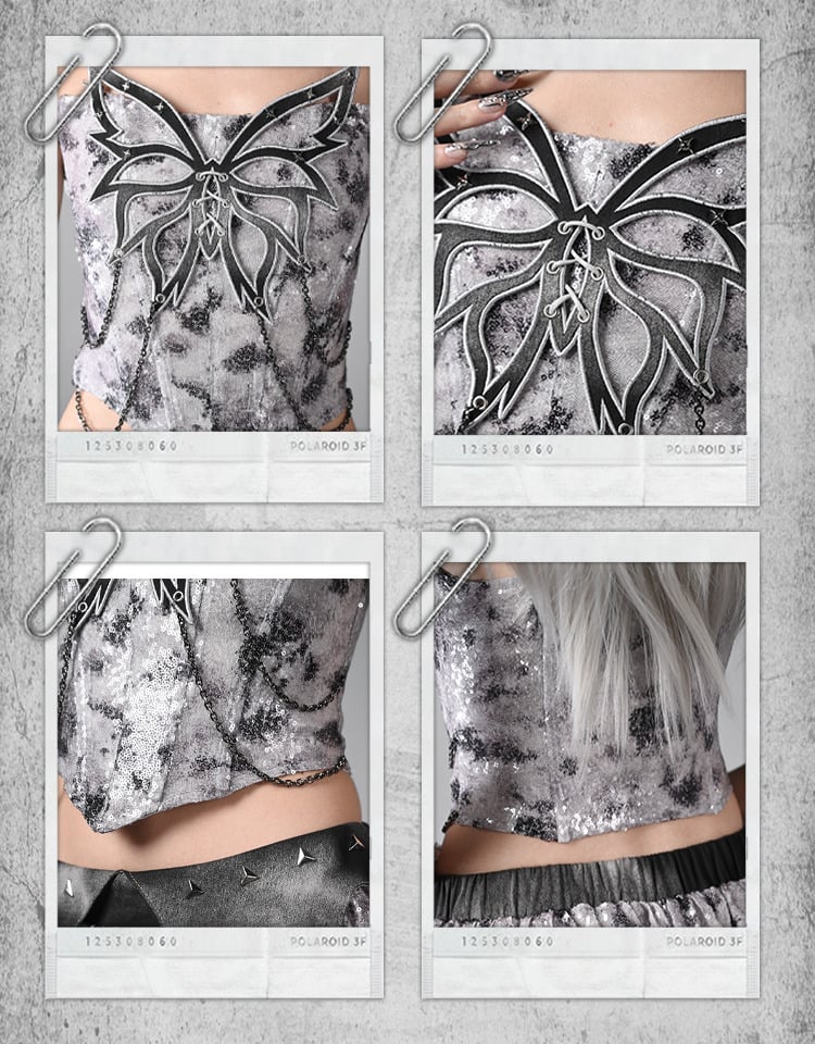 Y3K Fashion Futuristic Silver Grey Butterfly Chain Sequins Decorated Fishbone Strapless Cyberpunk Top