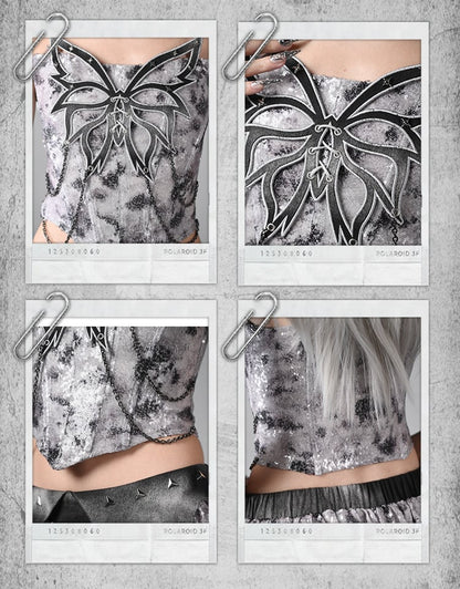 Y3K Fashion Futuristic Silver Grey Butterfly Chain Sequins Decorated Fishbone Strapless Cyberpunk Top