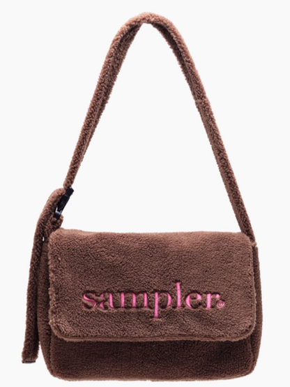 Brown Letter Embroidered Fuzzy Tote Bag With Adjustable Strap - Perfect For Fall And Winter