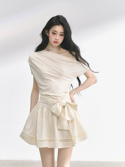 Apricot Asymmetrical Neckline Dress Self-tie Big Bow at Waist