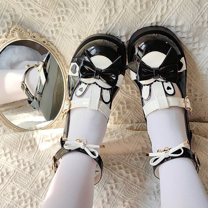 Polished Black Sweet Lolita Heart Details Bunny Ear Bow at Top T-strap Platforms