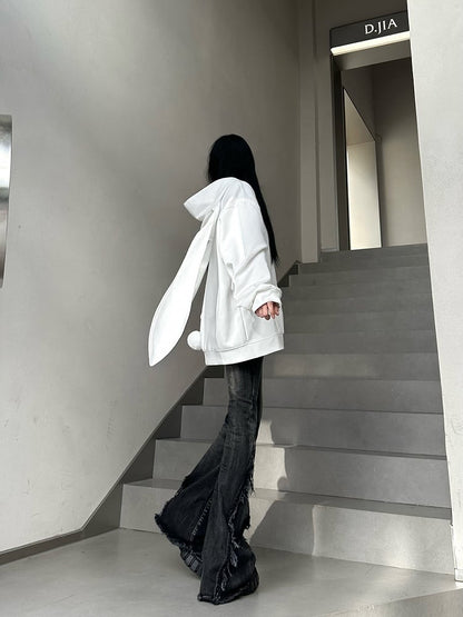 White Longline Zip Hoodie with Bunny-Eared Decoration