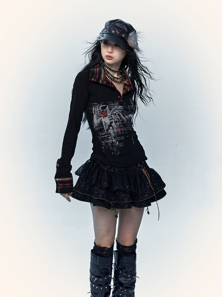 Black  Lace-up Details Lace Trim Tiered Skirt