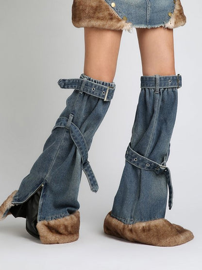 Blue Buckle Straps Flared Denim Leg Warmers