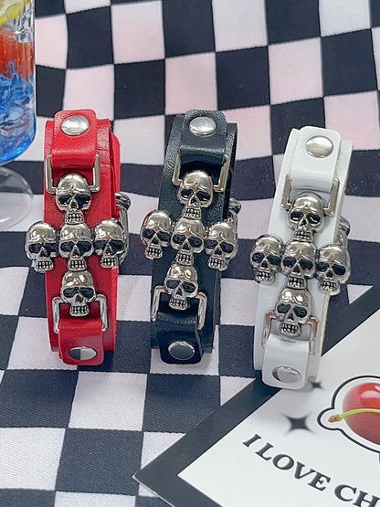 Black/White/Red PU Y2K Punk Metal Skull Cross Bracelet
