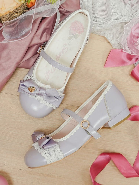 Low-Heel Purple Sophisticated Lolita Shoes - Ornate Heart Bow with Delicate Lace & Scalloped Hemline