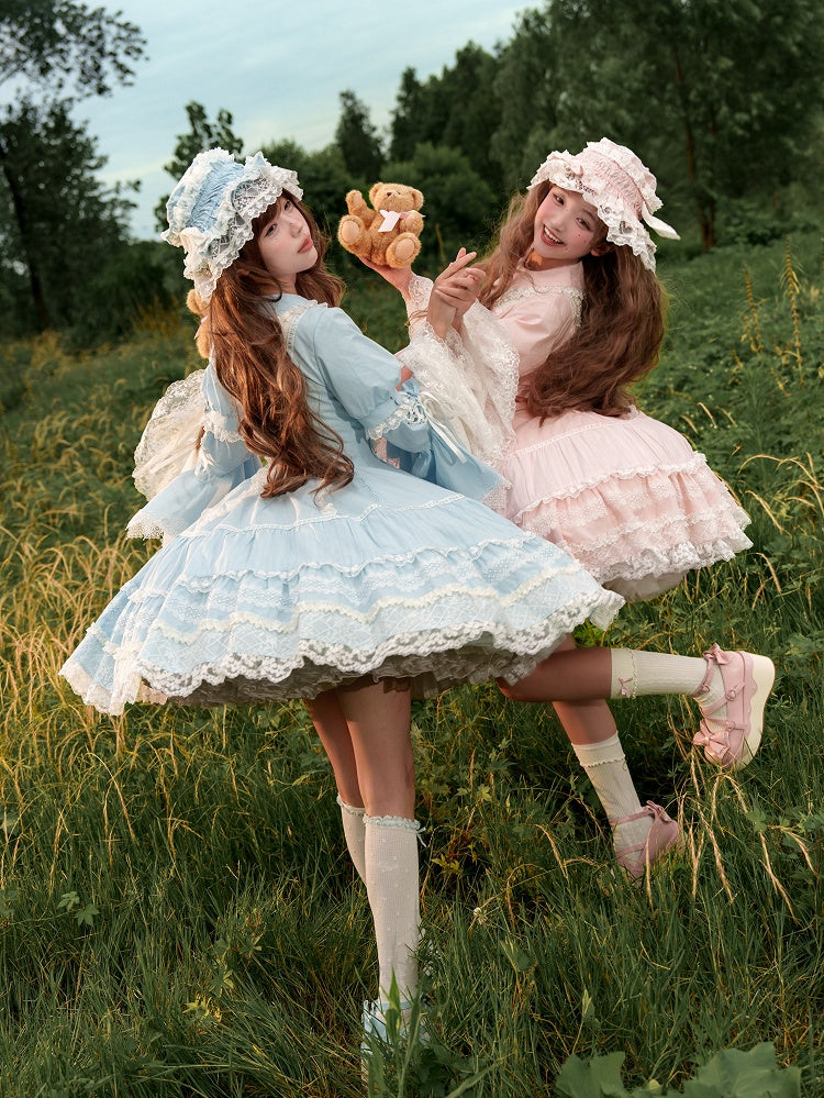 Baby Blue Lace Trims Cotton Dress Old School Lolita OP Full Set