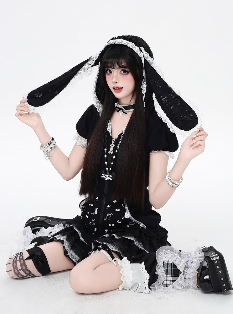 Bunny Ears Design Hood Lace Trim Black/White Jirai Kei Zip-up Jacket
