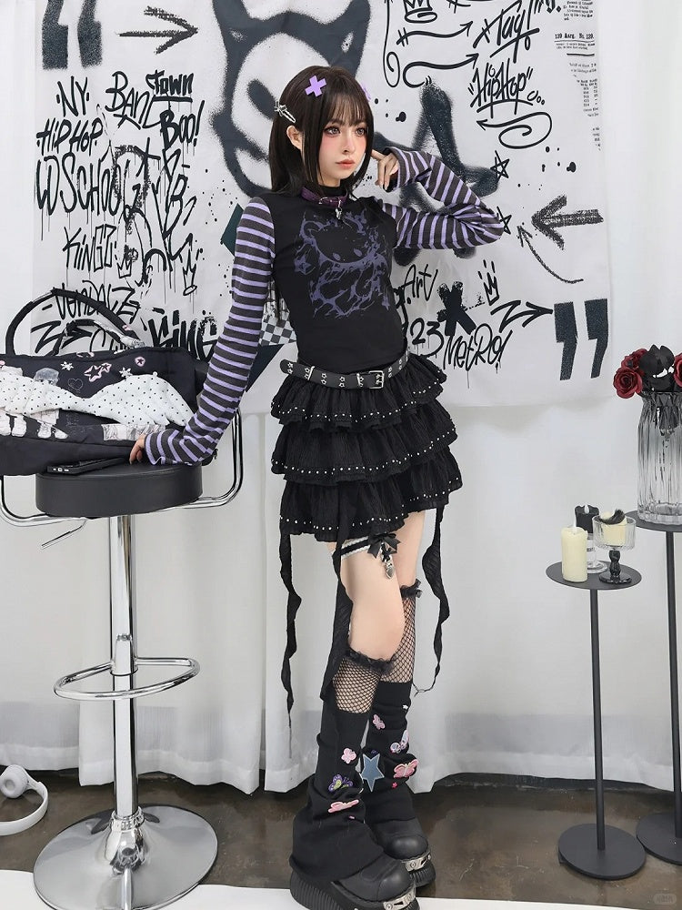 Black Cascading Ruffles Stud Details Balletcore Tiered Skirt