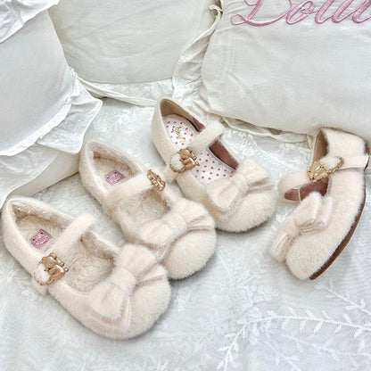 Regular/Thicken Version Off-white Sweet Lolita Plush Flats - Front Bow with Hugging Bear Heart Buckles