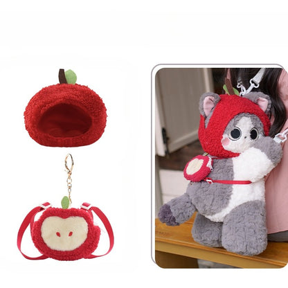 Gray Cute Plush Kitty Backpack/Crossbody Bag + Red Apple Hat + Red Apple Backpack Keychain
