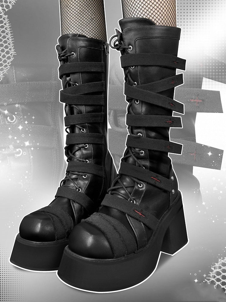 Crosses Gothic Black Platform Bandage Boots
