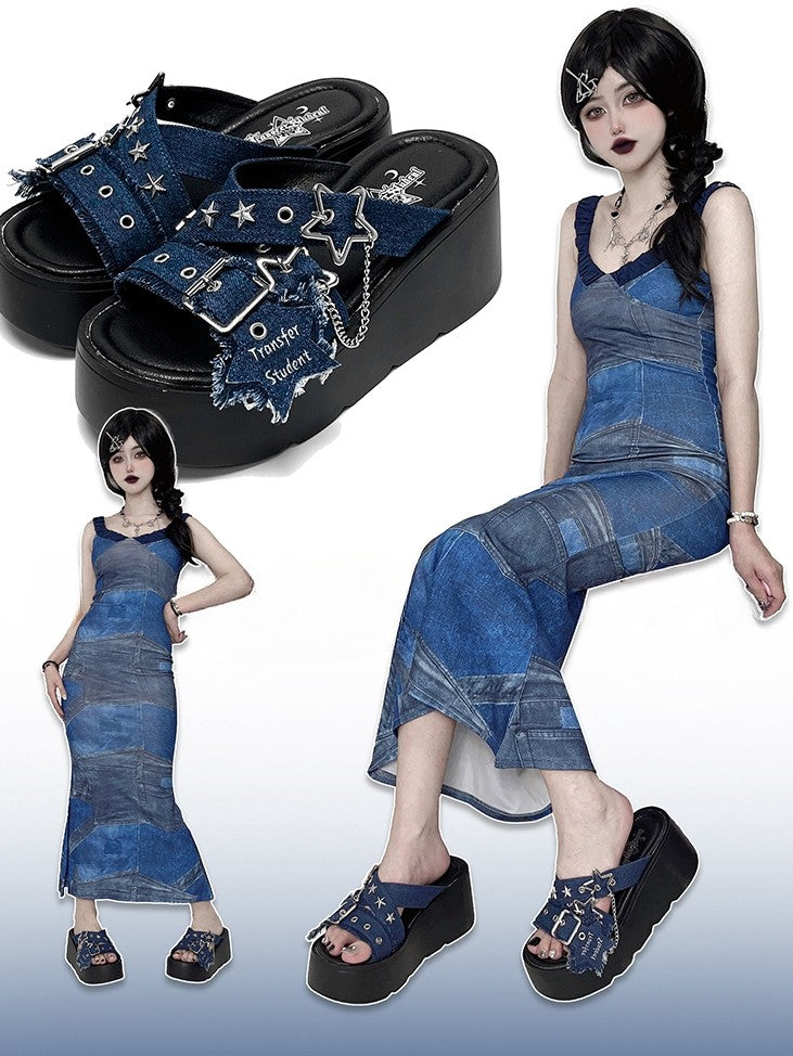 Star-shaped Buckles and Studs Blue Denim Punk Platform Slippers