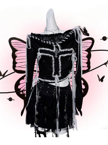 Black Cross Design White Lace Trim Fake Two-piece Top