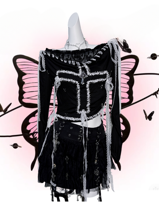 Black Cross Design White Lace Trim Fake Two-piece Top
