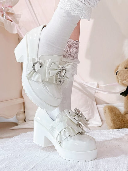 PU Leather Polished White Jirai Kei 7.5cm High Heels with Rhinestone Bead Bow, Ruffles Edging & Slip-On Comfort