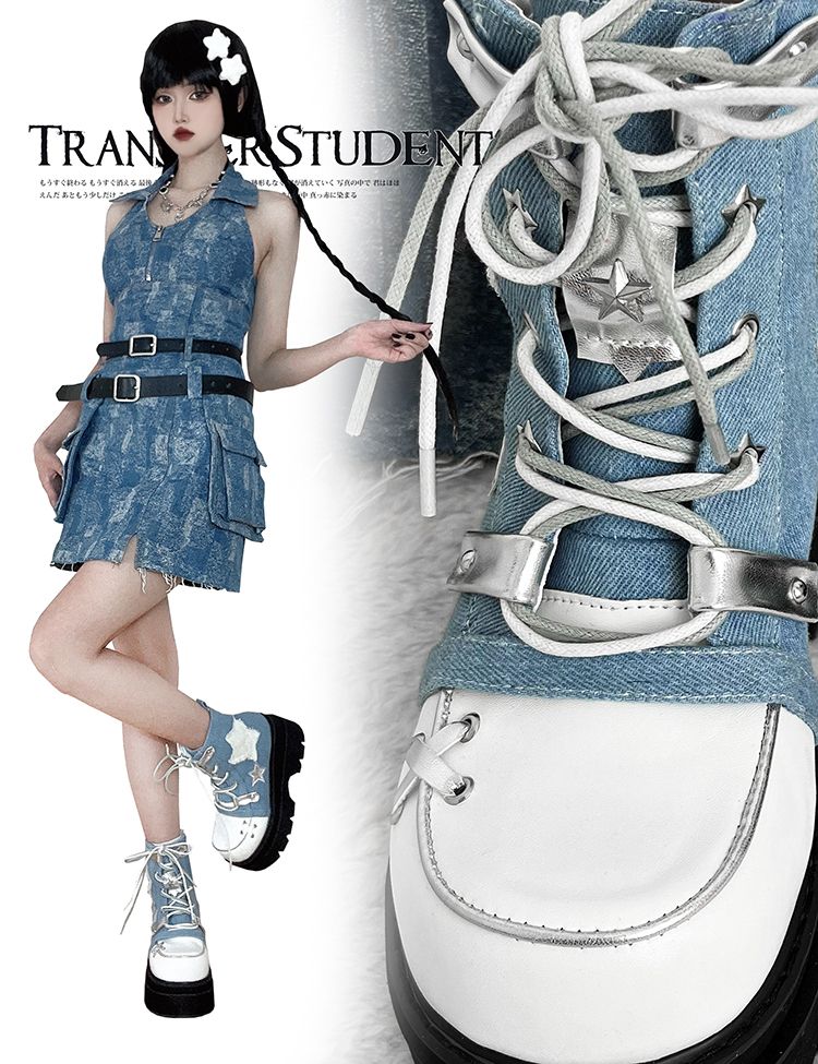 Star Appliques Punk Blue Denim Platform Ankle Boots