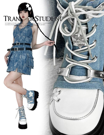Star Appliques Punk Blue Denim Platform Ankle Boots