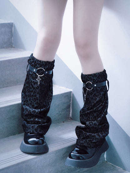 Y2K Black and Gray Leopard Leg Warmers