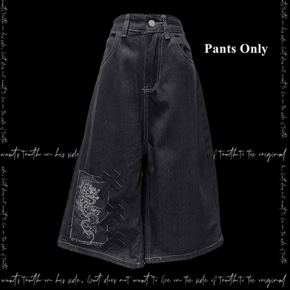 Dark Blue Dragon and Cross Appliques Punk Wide-Leg Jeans