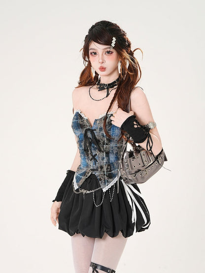 Brown/Blue Leopard and Plaid Pattern Lace-up Front Lace Trim Strapless Top