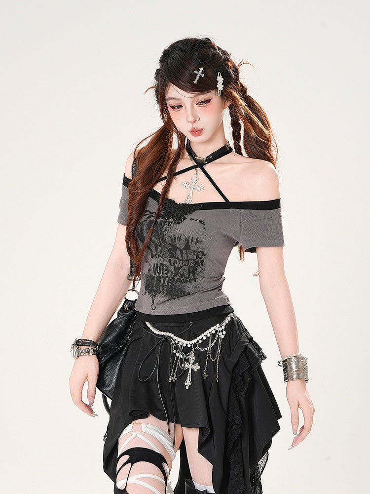 Off-the-shoulder Neckline Butterfly Applique Red/White/Gray Halter Neck T-shirt