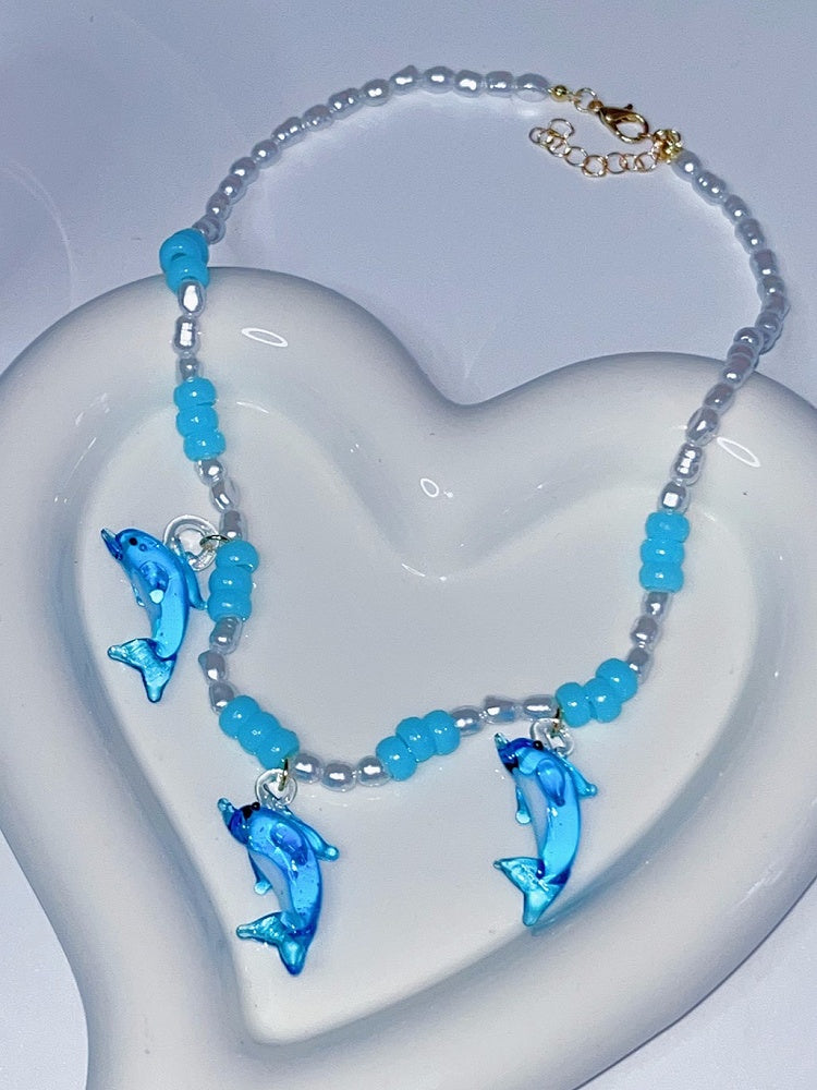 Blue Y2K Dolphin Pendant Beaded Necklace