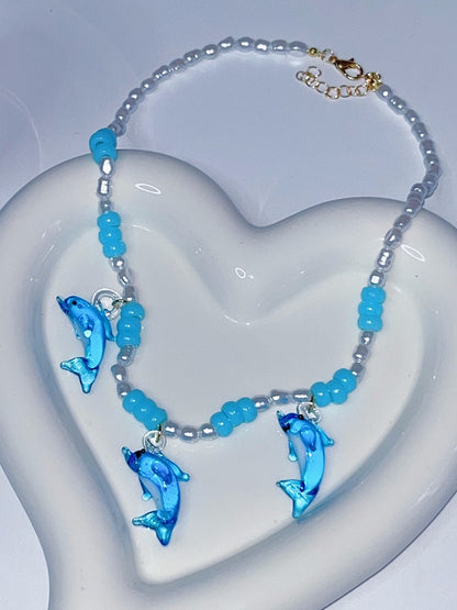 Blue Y2K Dolphin Pendant Beaded Necklace