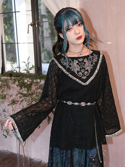 Seahorse and Coral Embroidery Tassel Hem Black Cheongsam Style Hollow-out Lace Top