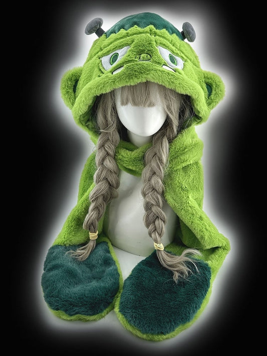 Green Zombie Gothic Winter Plush Hat with Scarf Gloves