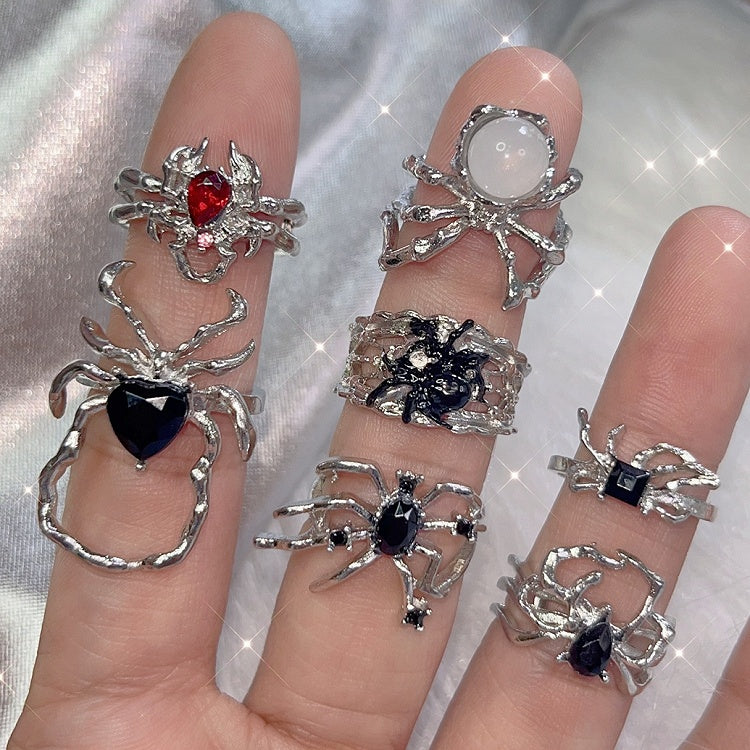 Silver Punk Spiders 7 Rings Set