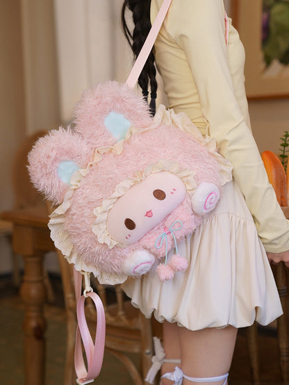 Pink Rabbit-shaped Lace Trim Plush Backpack