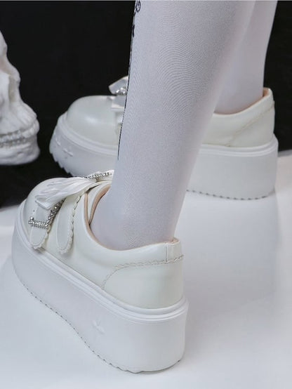 Regular/Thicken Version Rhinestone Heart Decor Bow Details & Slip-in Fit Design PU White Platform Shoes in Jirai Kei