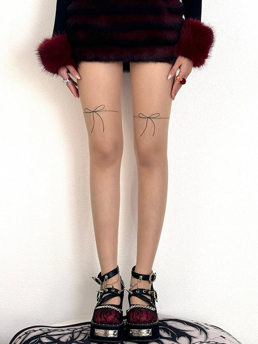 Nude Bowknot Print Tights